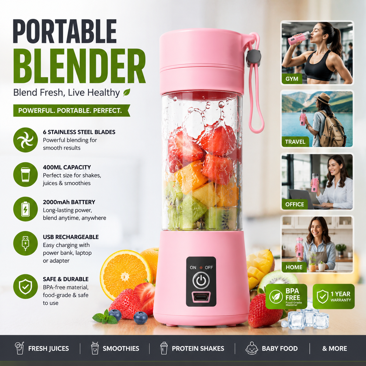 Portable Blender 400ml Rechargeable Smoothie Maker, USB Mini Blender with 6 Stainless Steel Blades, Travel Juice Blender for Smoothies, Shakes & Protein Drinks