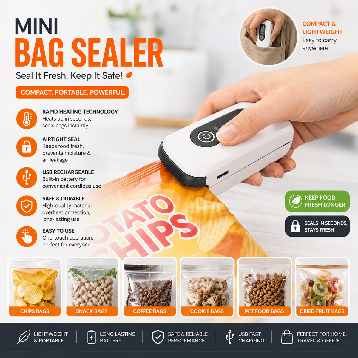 Mini Bag Sealer Machine, Portable Heat Sealer for Food Bags with USB Rechargeable Battery, Handheld Bag Sealing Machine for Snacks, Chips, Storage Bags & Fresh Food
