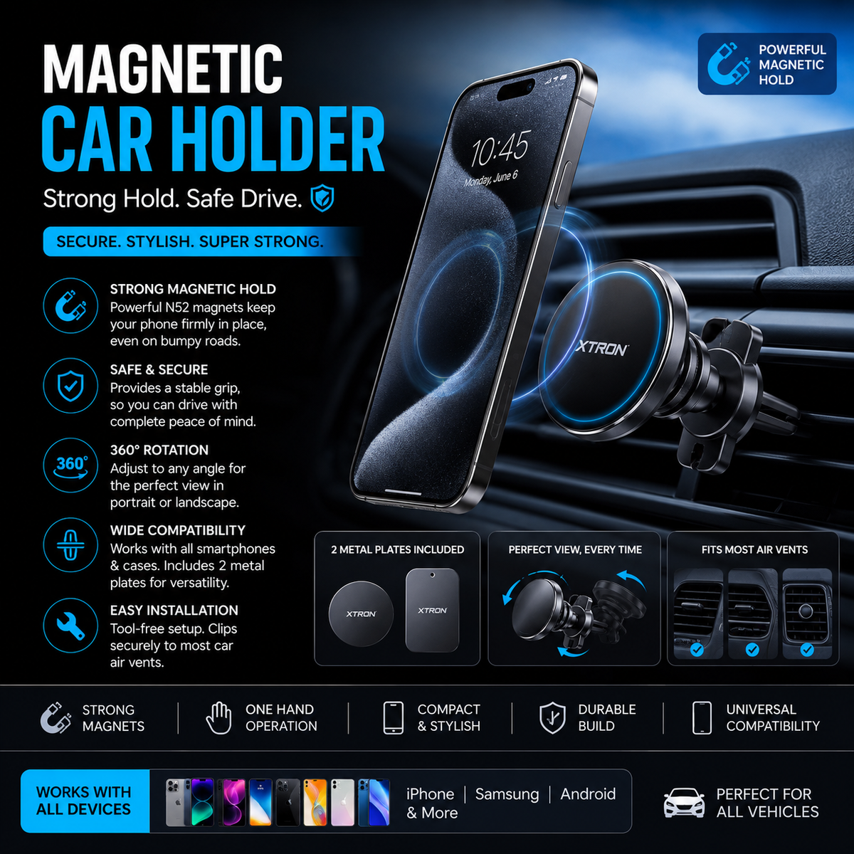 Magnetic Car Phone Holder, Strong Magnetic Mount with 360° Rotation, Universal Air Vent Phone Holder for iPhone & Android