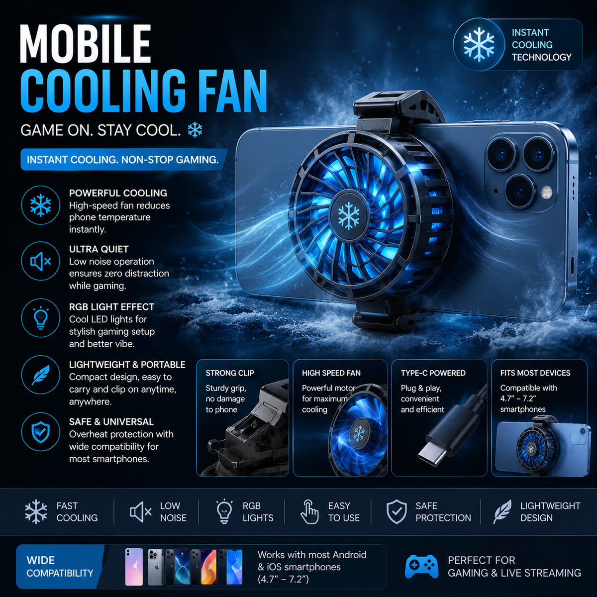 Universal RGB Mobile Cooling Fan for Gaming Phones – High Speed Silent Cooler with Type-C Power, Instant Cooling Technology & Strong Clip Design for Android and iPhone