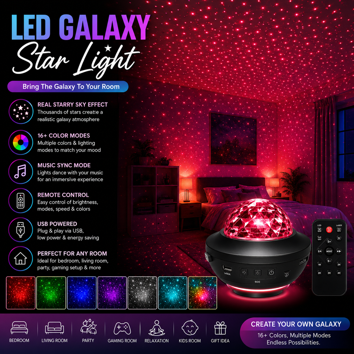 Premium Galaxy Star Projector Lamp – USB Powered Night Sky Light with Dynamic RGB Effects Create a Magical Galaxy Atmosphere for Relaxation, Gaming, Parties & Home Decor