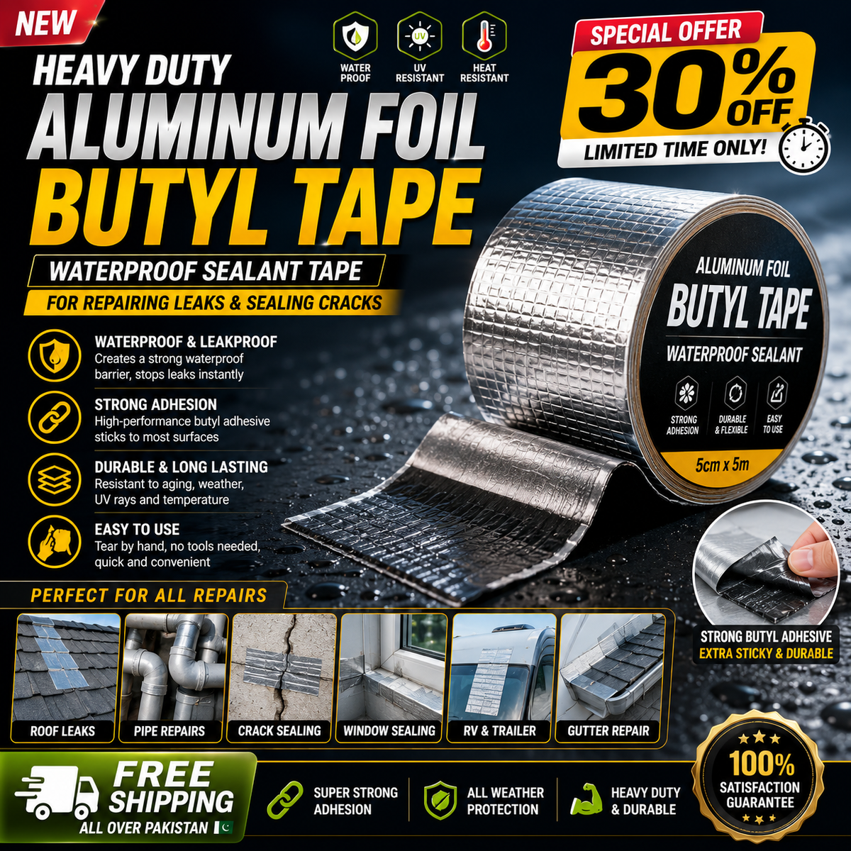 Aluminum Foil Waterproof Tape – Heavy Duty Leak Repair Seal Tape for Roof, Pipe, Wall & Gutter